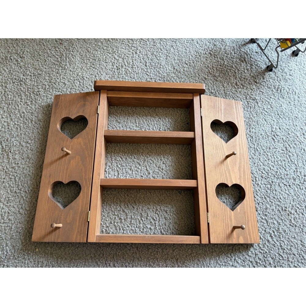 VTG Wooden Heart Shelf Swinging Doors Pegs Hanging Bar Super Tall Cottagecore